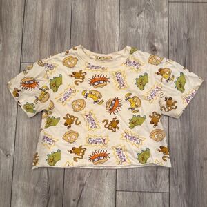Vintage Y2K Rugrats All Over Print Cropped T Shirt White Yellow Purple cartoon